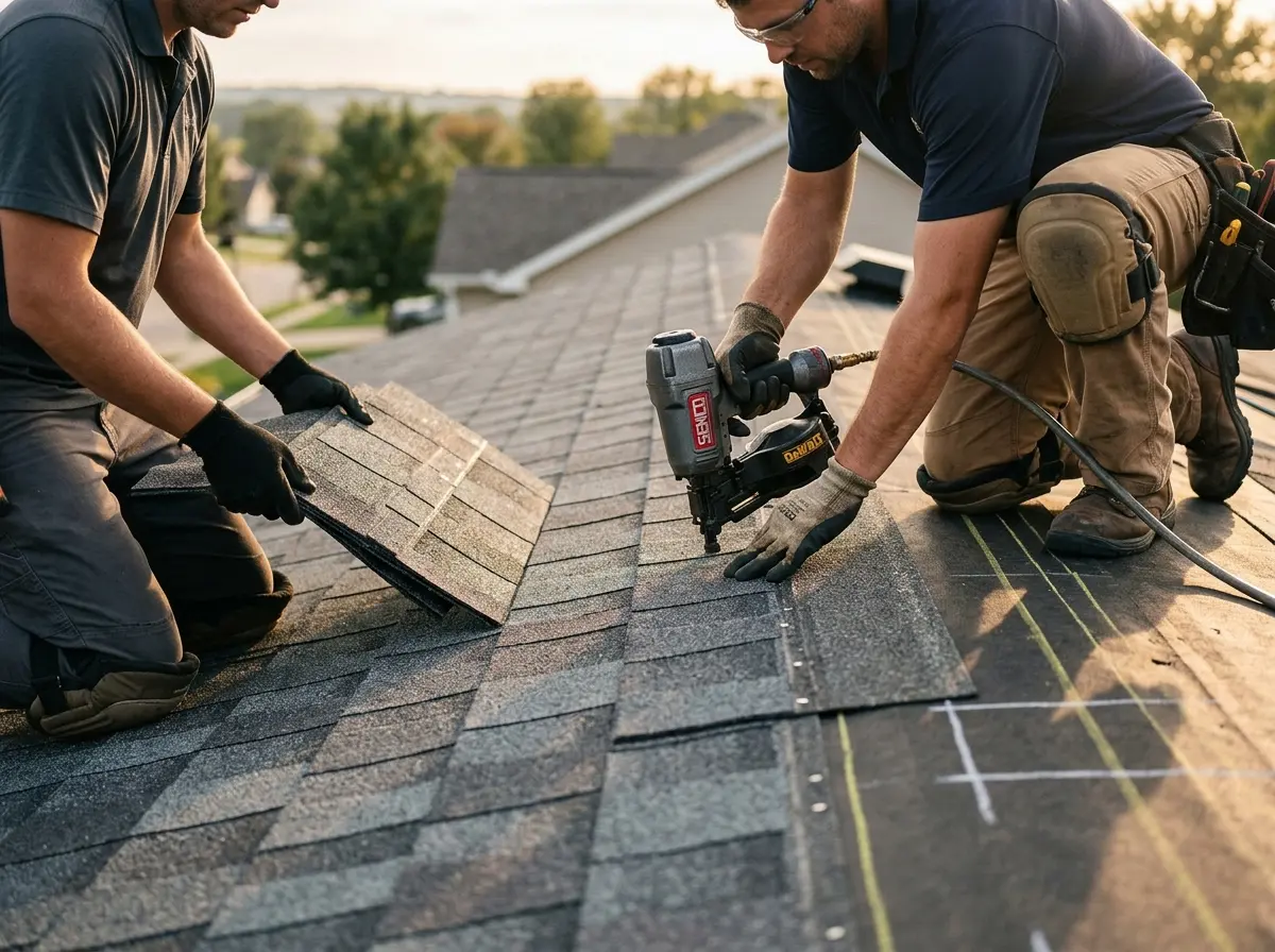 Professional roofer working on a residential roof in Cypress